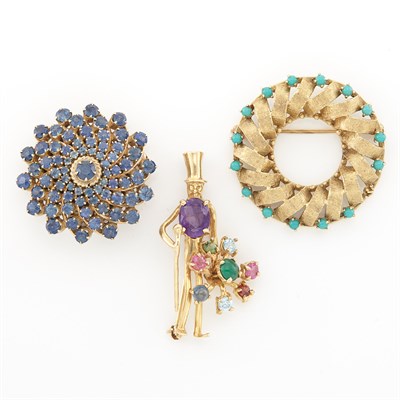 Lot 1155 - Gold and Gem-Set Gentleman with Flower Brooch, Gold and Sapphire Pendant-Brooch and Gold and Turquoise Wreath Pendant-Brooch