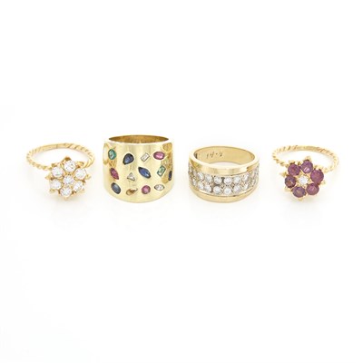 Lot 1901 - Two Gold and Diamond Flower Rings and Two Wide Gold, Diamond and Gem-Set Ring