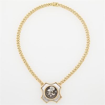 Lot 1029 - Gold and Silver Medallion Pendant-Necklace