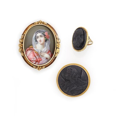 Lot 1321 - Two Gold and Cameo Brooches and Ring