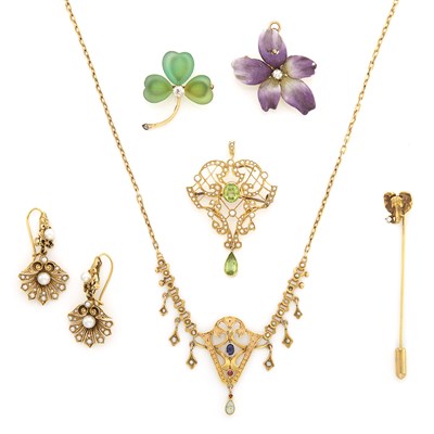Lot 1441 - Pair of Gold and Cultured Pearl Pendant-Earrings, Gold, Gilt-Metal and Gem-Set Necklace and Four Pins
