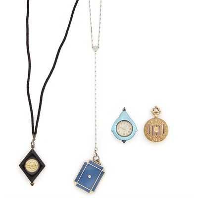 Lot 1322 - Silver and Enamel Locket with Chain and Three Pendant-Watches