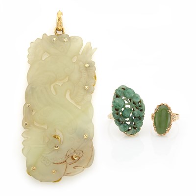 Lot 1585 - Carved Jade and Diamond Pendant and Two Gold and Nephrite Rings