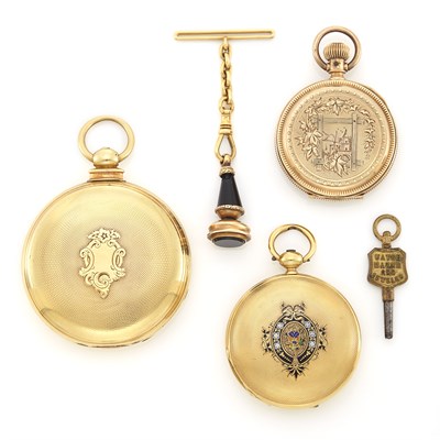 Lot 1354 - Three Gold, Gold-Filled and Gilt-Metal Pocket Watches and Fob