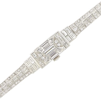 Lot 565 - Platinum and Diamond Bracelet-Watch