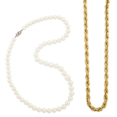 Lot 1728 - Cultured Pearl Necklace with White Gold and Diamond Clasp, and Gilt-Metal Necklace