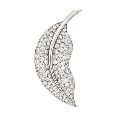 Lot 84 - White Gold and Diamond 'Feuille' Leaf Clip-Brooch, Van Cleef & Arpels