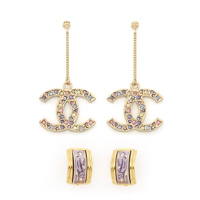 Lot 1109 - Pair of Gilt-Metal and Simulated Stone 'Double C' Pendant-Earrings, Chanel, and Pair of Gilt-Metal and Enamel Cat Earclips, Hermès