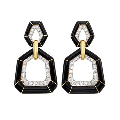 Lot 196 - Pair of Gold, Platinum, Black Enamel, and Diamond Pendant-Earclips, David Webb