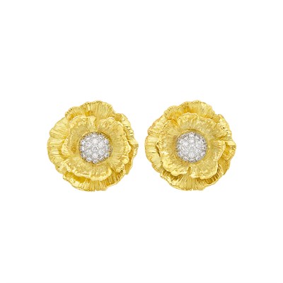 Lot 6 - Pair of Two-Color Gold and Diamond Flower Earclips, Mish