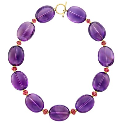 Lot 671 - Gold, Amethyst and Pink Tourmaline Necklace