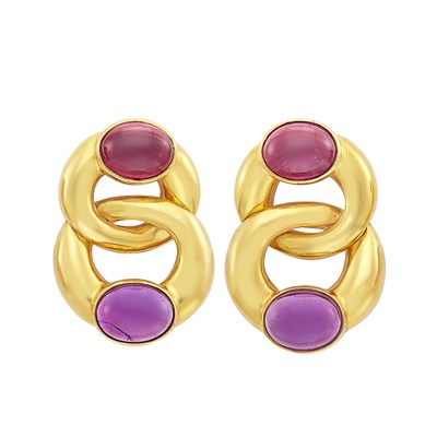 Lot 672 - Pair of Gold, Cabochon Amethyst and Pink Tourmaline Earclips