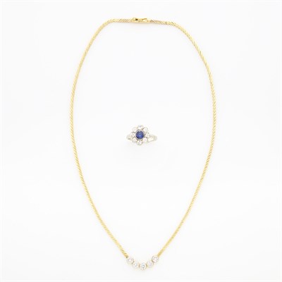 Lot 1727 - Gold and Diamond Necklace and White Gold, Synthetic Sapphire and Diamond Ring
