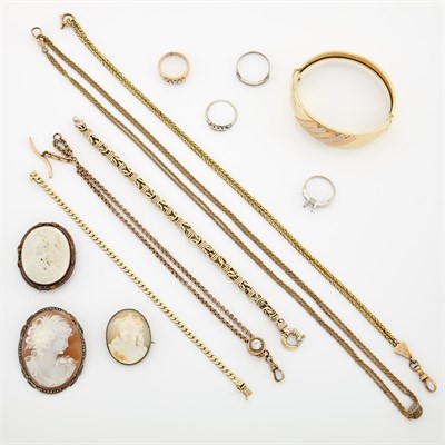 Lot 2093 - Group of Gold, Silver, Metal and Gem-Set Bangle Bracelet, Necklaces, Rings and Mountings and Cameos