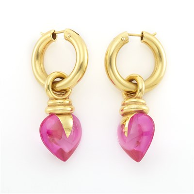 Lot 1160 - Pair of Gold and Pink Quartz Heart Hoop Pendant-Earrings