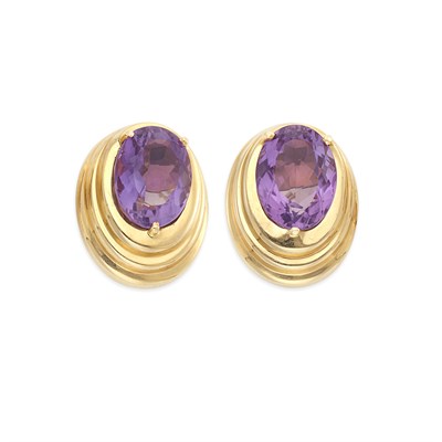 Lot 1114 - Pair of Gold and Amethyst Earrings