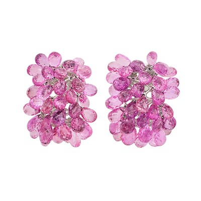 Lot 60 - Pair of White Gold and Pink Sapphire Briolette Cluster Earclips, Verdura