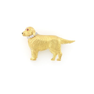 Lot 1526 - Two-Color Gold and Diamond Golden Retriever Brooch