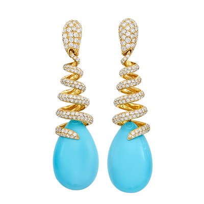 Lot 242 - Pair of Gold, Diamond and Turquoise Pendant-Earclips, De Grisogono