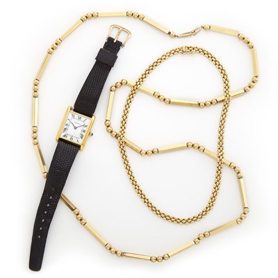 Lot 1304 - Gold-Plated 'Tank' Wristwatch, Cartier, Gilt-Metal Bead Necklace and Gold Chain Necklace