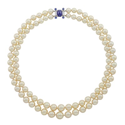 Lot 488 - Double Strand Cultured Pearl Necklace with Platinum, Cabochon Sapphire and Diamond Clasp