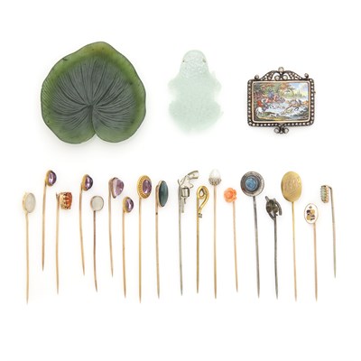 Lot 1328 - Group of Gold, Low Karat Gold, Silver and Metal Stick Pins, Enamel Brooch and Carved Hardstone Frog and Lily Pad Objets