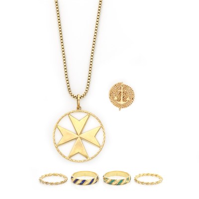 Lot 1720 - Gold Pendant with Gilt-Metal Chain Necklace, Four Rings and Single Earclip