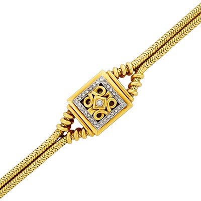 Lot 151 - Double Strand Gold Snake Chain, Platinum and Diamond Bracelet-Watch, Cartier, France, Jaeger-LeCoultre