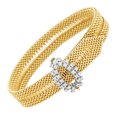 Lot 349 - Two-Color Gold and Diamond Mesh Slide Bracelet