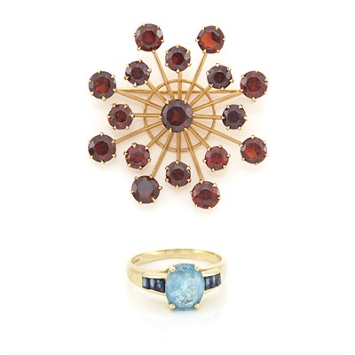 Lot 1443 - Gold and Garnet Brooch and Blue Topaz and Sapphire Ring