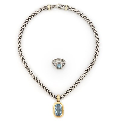 Lot 1632 - Sterling Silver, Gold and Blue Topaz Pendant-Necklace and Ring, David Yurman