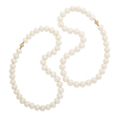 Lot 1924 - Pair of Freshwater Pearl Necklaces with Gold Clasps
