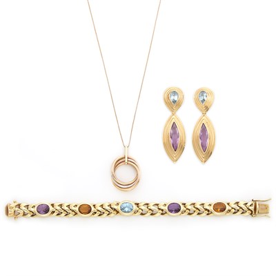 Lot 1706 - Gold and Gem-Set Bracelet and Pair of Pendant-Earrings and Tricolor Gold Pendant with Rose Gold Chain