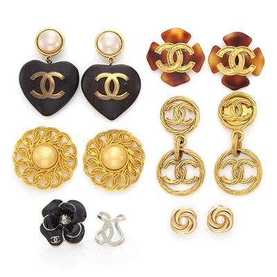 Lot 1645 - Four Pairs of Gilt-Metal Earclips and Two Rings, Chanel, and Pair of Two-Color Gold and Cultured Pearl Earclips