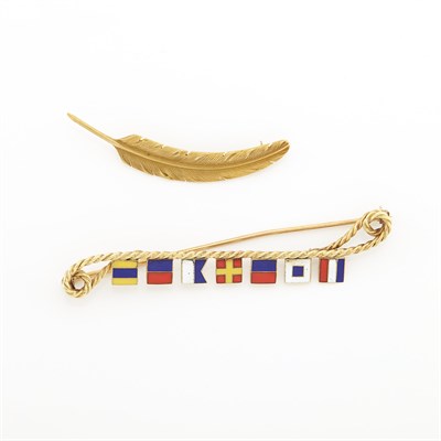 Lot 1641 - Gold and Enamel Signal Flag Brooch and Feather Brooch