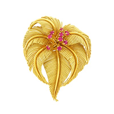 Lot 590 - Gold and Ruby Leaf Brooch, Tiffany & Co.