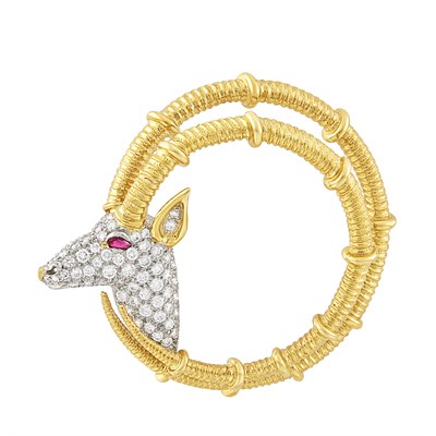 Lot 22 - Gold, Platinum, Diamond and Ruby Ibex Brooch, Tiffany & Co., Schlumberger