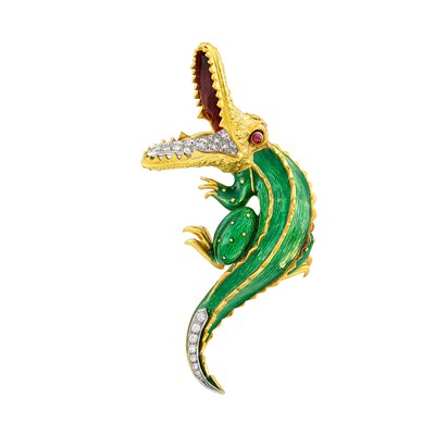 Lot 20 - Two-Color Gold, Enamel, Diamond and Cabochon Ruby Alligator Brooch