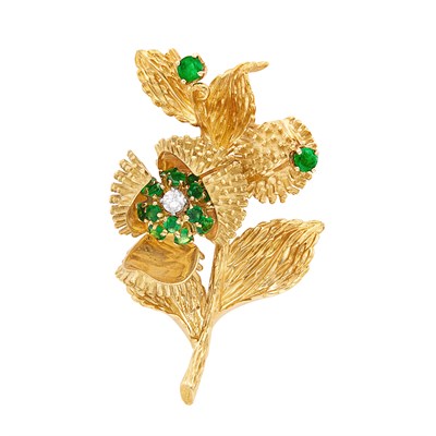 Lot 519 - Gold, Diamond and Emerald Flower Brooch, Tiffany & Co.