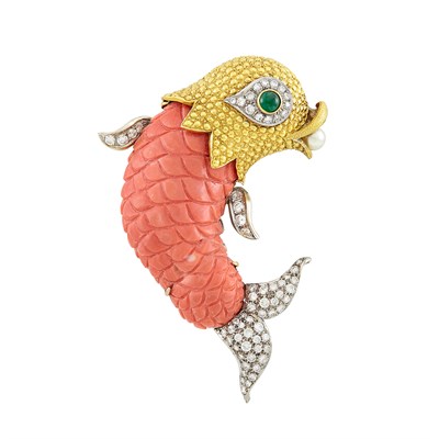 Lot 158 - Two-Color Gold, Carved Coral, Diamond, Cabochon Emerald and Cultured Pearl Fish Clip-Brooch, Trio