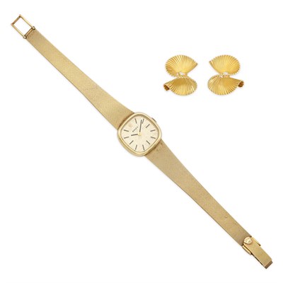 Lot 1481 - Gold Wristwatch, Rolex, and Pair of Gold Ribbon Earrings
