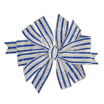 Lot 77 - White Gold, Sapphire and Diamond Bow Clip-Brooch