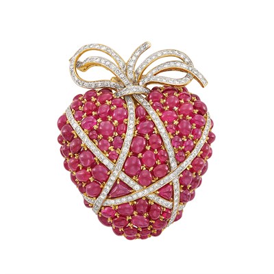 Lot 491 - Gold, Cabochon Ruby and Diamond Clip-Brooch