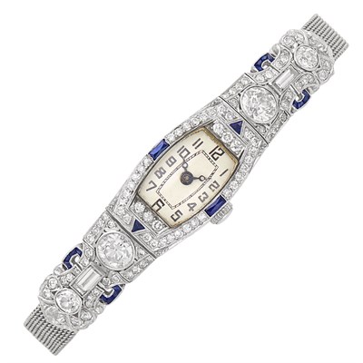 Lot 115 - Platinum, Low Karat White Gold, Diamond and Synthetic Sapphire Mesh Wristwatch