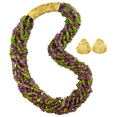 Lot 48 - Multistrand Peridot and Amethyst Bead Torsade Necklace with Gold Clasp and Pair of Gold Earrings, Elizabeth Gage