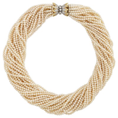 Lot 164 - Multistrand Cultured Pearl Torsade Necklace with Gold, Platinum and Diamond Clasp, Tiffany & Co., Schlumberger