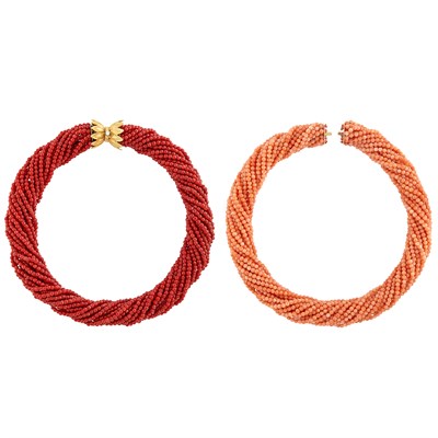 Lot 24 - Multistrand Oxblood Coral Bead Torsade Necklace with Gold and Diamond Clasp with Interchangeable Torsade, Tiffany & Co., Schlumberger