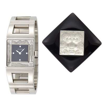Lot 1403 - Stainless Steel and Etched Glass Wristwatch and Black Acrylic and Carved Glass Brooch, Lalique