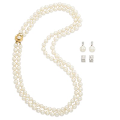 Lot 1749 - Cultured Pearl Necklace with Gold Clasp, Pair of Diamond and Pearl Earrings, and Pair of White Gold and Diamond Earrings