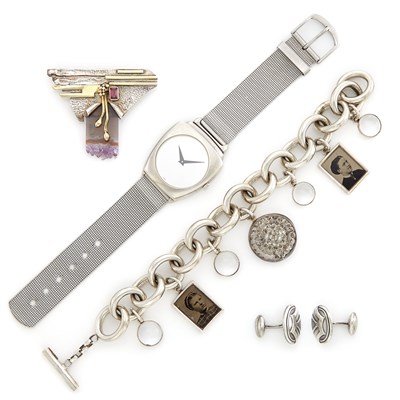 Lot 1535 - Sterling Silver Charm Bracelet, Silver-Gilt, Drusy Agate and Garnet Brooch, Pair of Silver Cufflinks and Silver and Stainless Steel Wristwatch